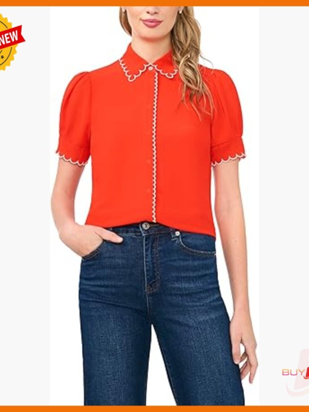 Short Sleeve Button Down Blouse with Scallop Trim, Regular Fit